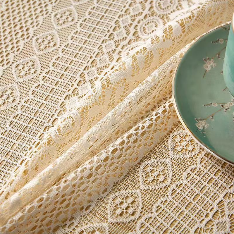 Beige Lace Tablecloth with Tassels - Elegant Hollow Out Design