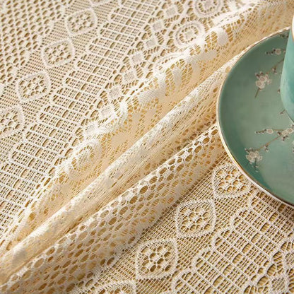 Beige Lace Tablecloth with Tassels - Elegant Hollow Out Design