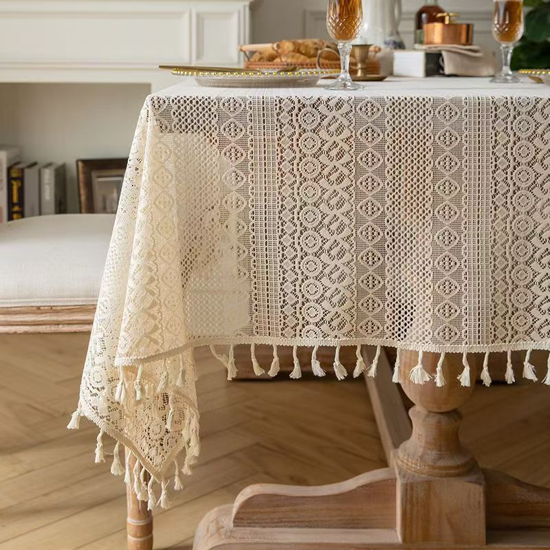 Beige Lace Tablecloth with Tassels - Elegant Hollow Out Design
