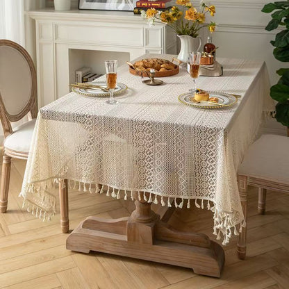 Beige Lace Tablecloth with Tassels - Elegant Hollow Out Design
