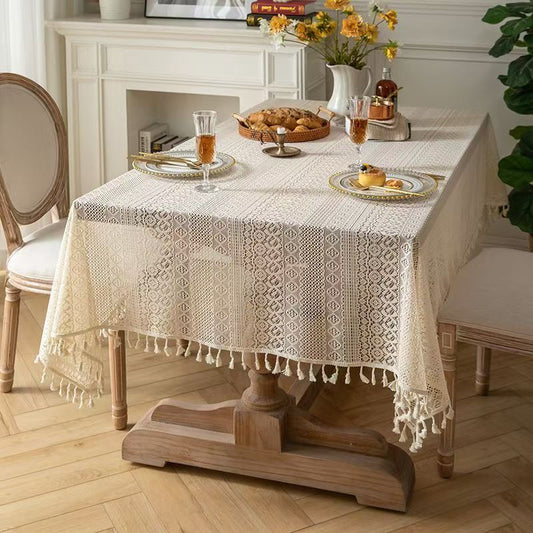 Beige Lace Tablecloth with Tassels - Elegant Hollow Out Design