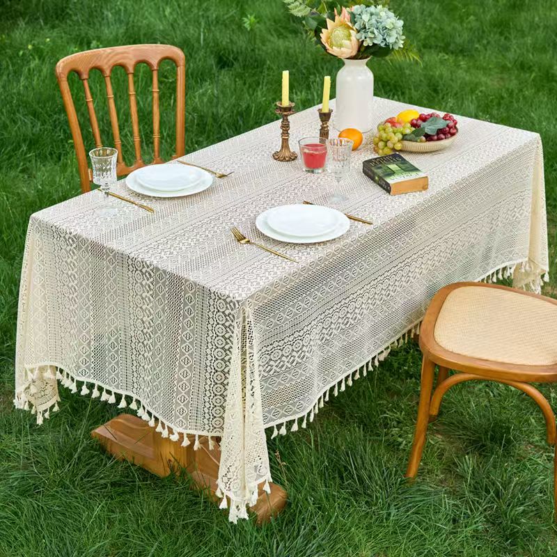 Beige Lace Tablecloth with Tassels - Elegant Hollow Out Design
