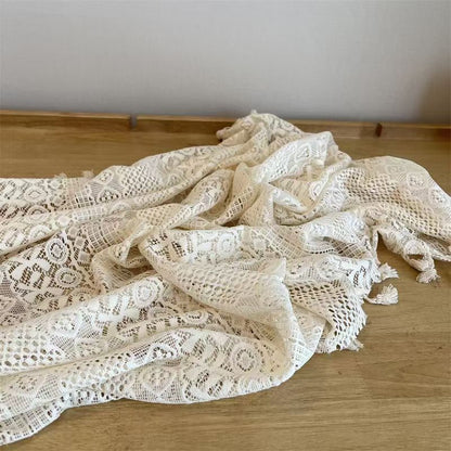 Beige Lace Tablecloth with Tassels - Elegant Hollow Out Design