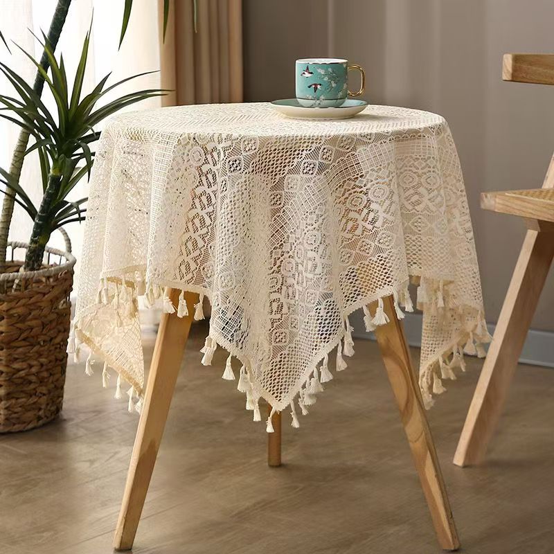 Beige Lace Tablecloth with Tassels - Elegant Hollow Out Design