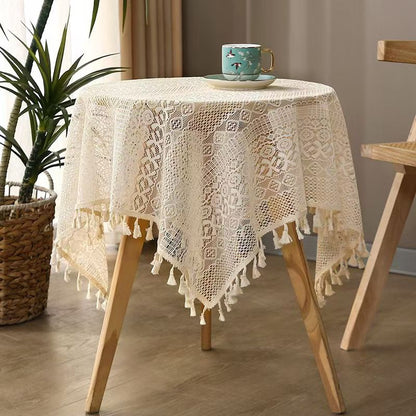 Beige Lace Tablecloth with Tassels - Elegant Hollow Out Design